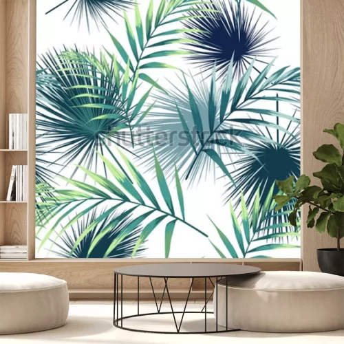 Sticker Naadloos patroon met tropische bladeren. Donkere en heldergroene palmbladen op de witte achtergrond. Vector naadloos patroon. Tropische illustratie. Jungle gebladerte.