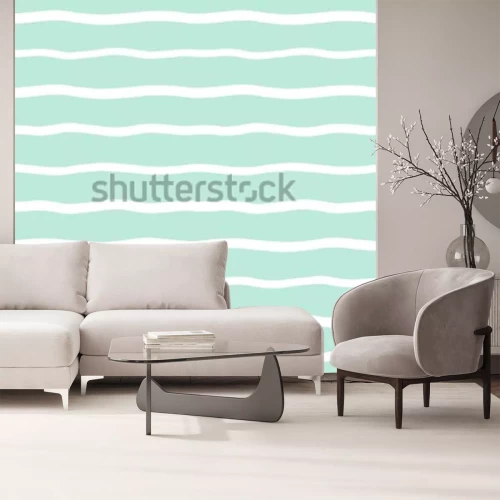 Sticker Brede golvende strepen naadloze achtergrond. Hand getekend ongelijke golven vector patroon. Gestreepte abstracte sjabloon. Leuke golvende strepen textuur. Witte balken op mintgroene achtergrond.