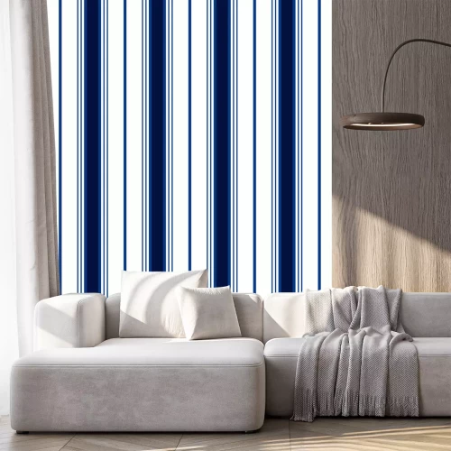 Sticker Streep naadloos patroon met blauwe en witte verticale parallelle streep. Vector abstracte patroon strepen achtergrond.