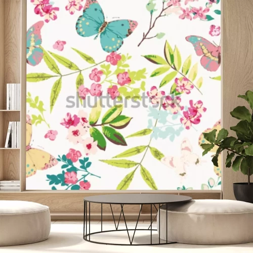 Sticker Bloemen en vlinders in een romantische illustratie