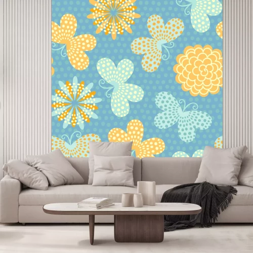Sticker Bloemen en vlinders op een blauwe achtergrond