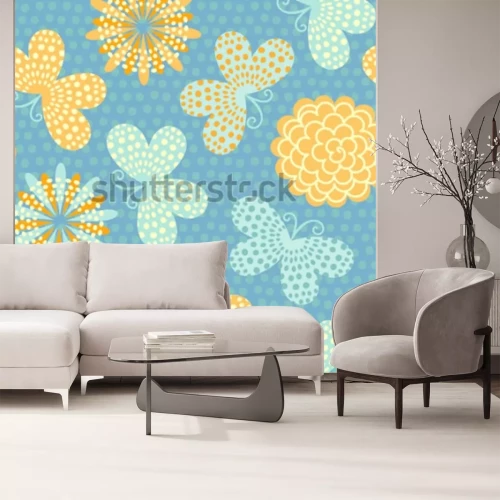 Sticker Bloemen en vlinders op een blauwe achtergrond
