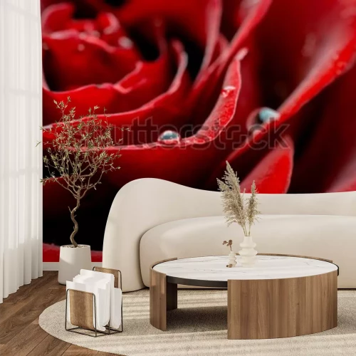 Fotobehang Rode rozenblaadjes en druppels