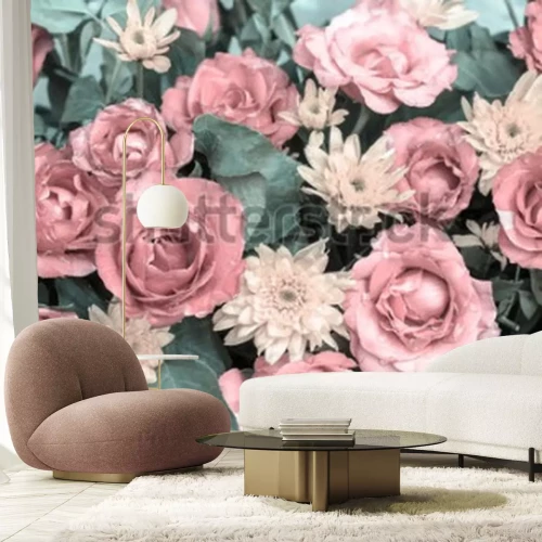 Fotobehang Roze rozen in vintage stijl