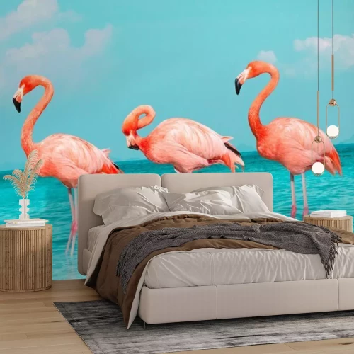 Fotobehang Flamingo's op een achtergrond van turkoois water