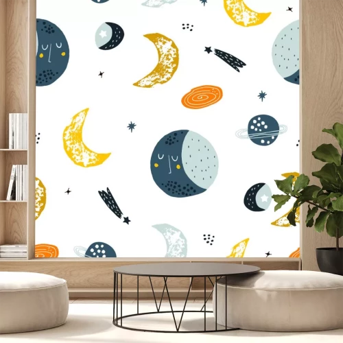 Sticker Childish seamless pattern with hand drawn space elements space, moon, star, planet, galaxy. Trendy kids vector background.