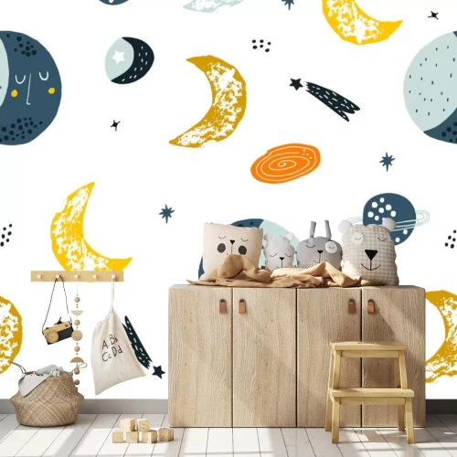 Sticker Childish seamless pattern with hand drawn space elements space, moon, star, planet, galaxy. Trendy kids vector background.