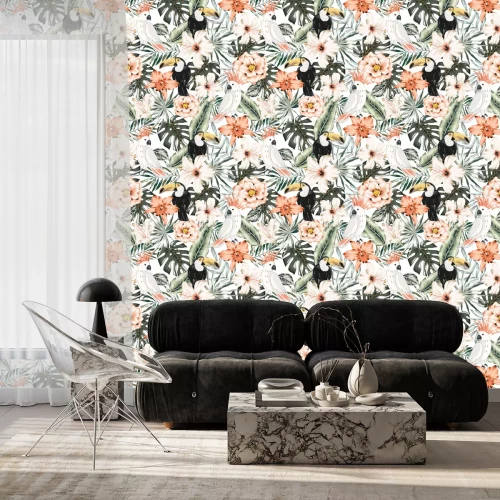 Behang Toucans, parrots, hibiscus, orchid flowers, monstera palm leaves, white background. Vector floral seamless pattern. Tropical illustratioExotic plants, birds. Summer beach design. Paradise nature