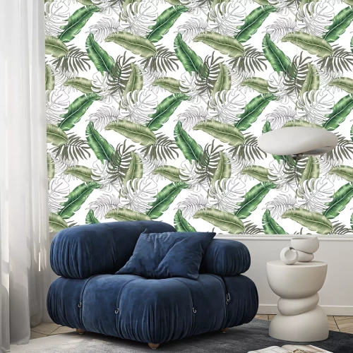 Behang Zwart-witte en groene tropische bladeren