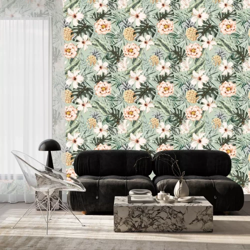 Behang Tropisch bloemenpatroon met monstera en bananenbladeren