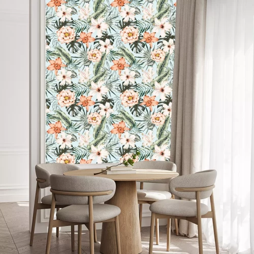 Behang Tropische pastelkleurige bloemen en bladeren