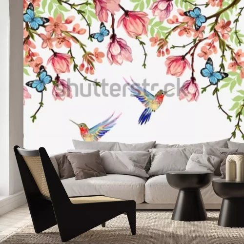 Sticker Bloemen met vlinders en kolibries