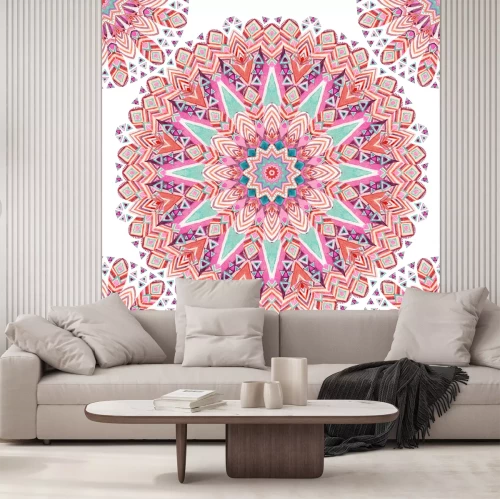 Sticker Abstract mandala naadloos patroon van waterverf het etnische overladen veren. Kantpatroon met stammenveren, geometrisch patroon op witte achtergrond. Handgeschilderde kunstillustratie voor boho, authe
