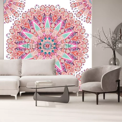 Sticker Abstract mandala naadloos patroon van waterverf het etnische overladen veren. Kantpatroon met stammenveren, geometrisch patroon op witte achtergrond. Handgeschilderde kunstillustratie voor boho, authe