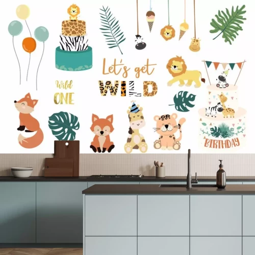 Sticker Safari object set with fox,giraffe,zebra,lion,leaves. illustration for logo,sticker,postcard,birthday invitation.Editable element