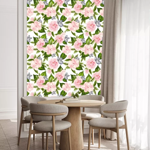 Behang Pioenen bladeren en vlinders