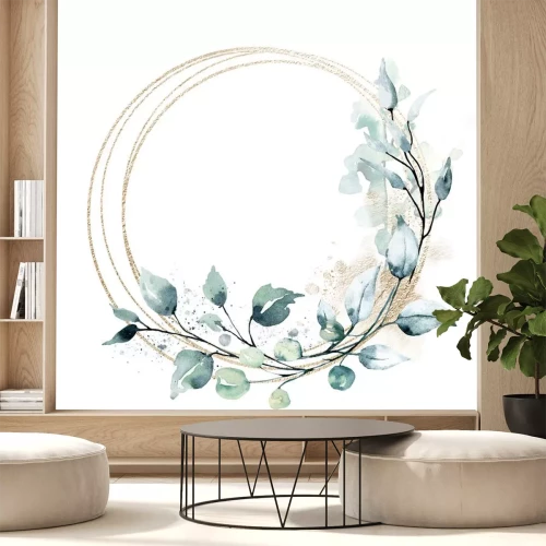 Sticker Leaves gold frame wreath border. Watercolor hand painting floral geometric background. Leaf, plant, branch isolated on white background.