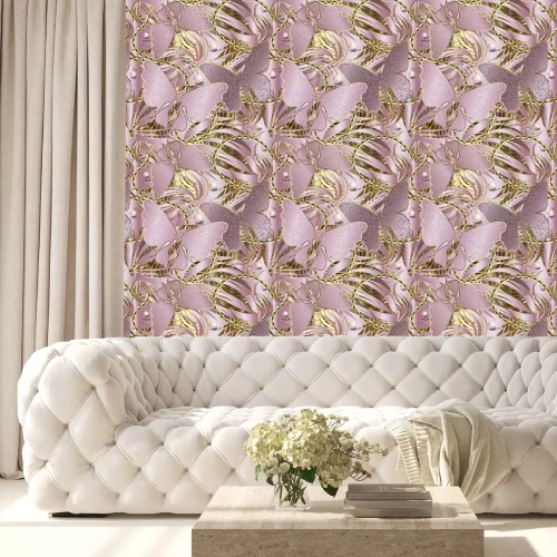 Behang 3d glittery butterflies seamless pattern. Abstract textured rose gold background. Repeat striped backdrop. Floral jewelry shiny ornament. Stripes, pearls, beads,  flowers, butterflies. Ornate design