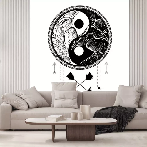 Sticker Yin yang tattoo art style. Bohemian logo, badge, sign with waves. Adventure vibes.