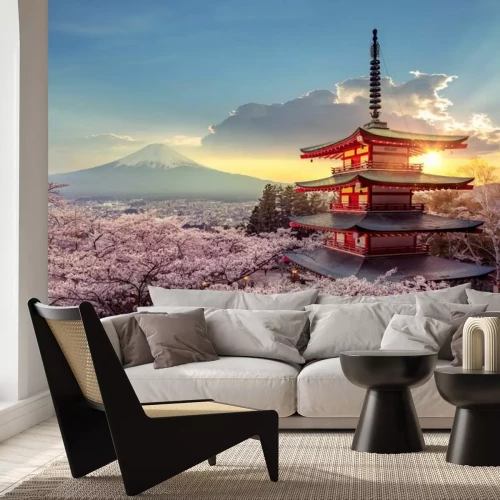 Fotobehang Kersenbloesem met uitzicht op de bergen en het huis