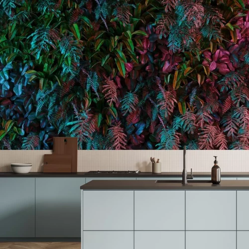 Fotobehang Neon tropical jungle forest leaves in vibrant color for retro poster background like stranger things. 80s 70s 60s. 3d rendering