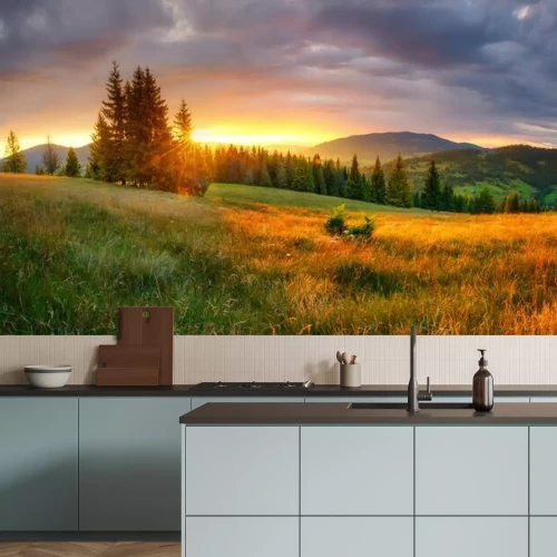 Fotobehang Weide en zonsopgang