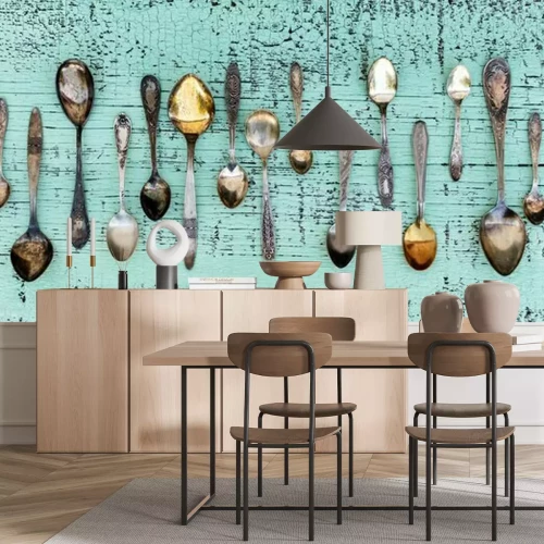 Fotobehang Vintage lepels op turquoise hout
