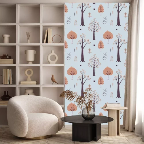 Behang Autumn Forest seamless vector pattern. Woody landscape with plant and trees repeatable background. Woodland childish print in Scandinavian decorative style. Cute forest print for children fashion