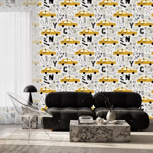 Behang vector seamless New York background pattern with color cut out paper abstract houses and hand drawn taxi yellow cab for  fabric design, wrapping paper, notebooks covers.textile