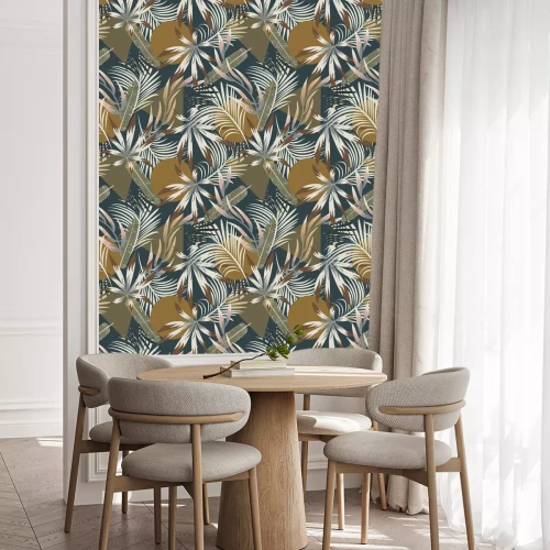 Behang Tropische bladeren op een geometrische achtergrond