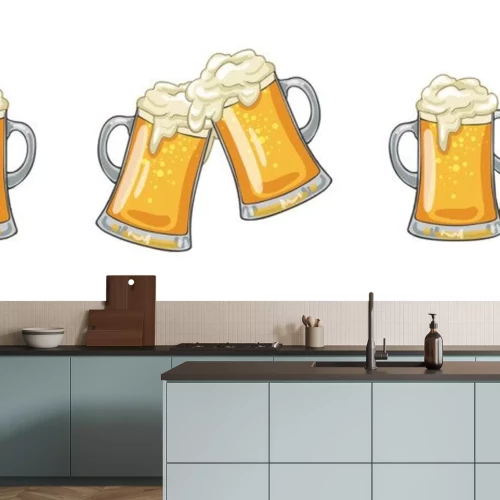 Sticker Glass or ceramic mugs filled of golden light beer with overflowing froth heads. Isolated on white background, for brewery emblem or beer party design