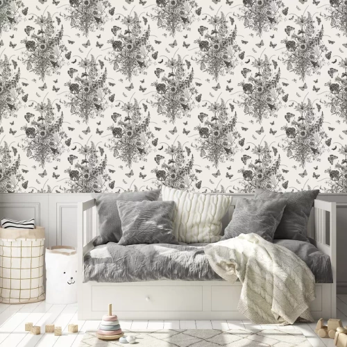 Behang Grijze vlinders en trossen vintage wilde bloemen