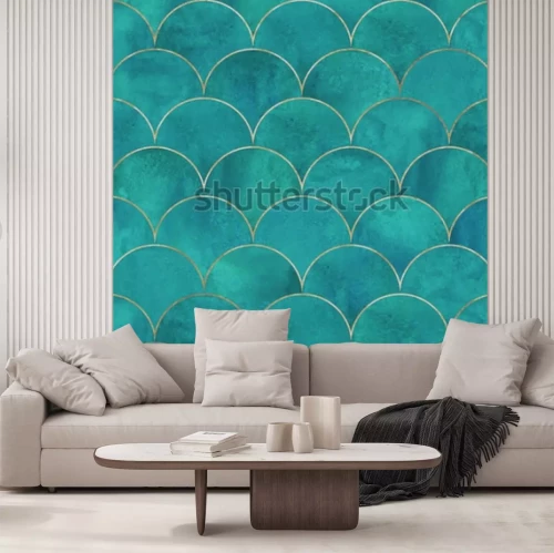 Fotobehang Schalen in tinten blauw in Japanse stijl