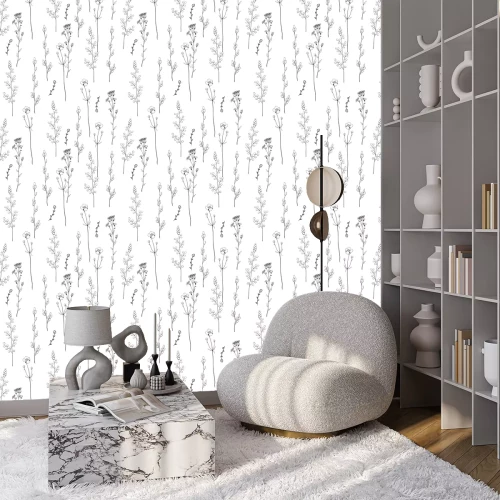 Behang Naadloos bloemen decoratief patroon met zwart-witte kruiden. Eindeloze textuur voor uw ontwerp. Witte achtergrond.