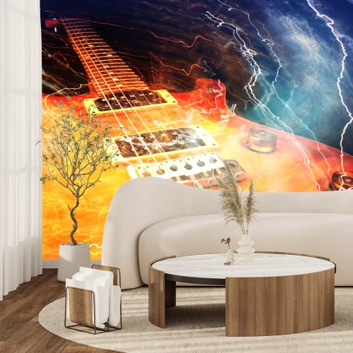 Fotobehang Een elektrische gitaar omringd door bliksemschichten