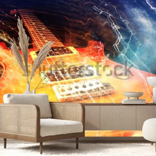 Fotobehang Een elektrische gitaar omringd door bliksemschichten