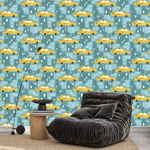 Behang vector seamless background pattern with funny yellow taxi cab and scandinavian abstract houses for fabric, textile