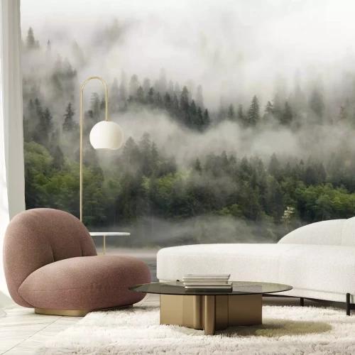 Fotobehang Dikke mist over het meer en het bos