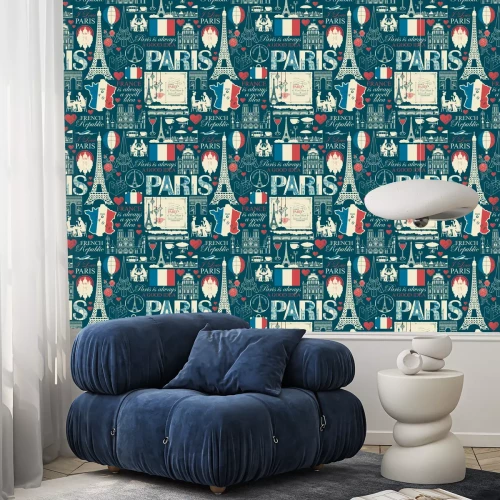 Behang Vector seamless pattern on France and Paris theme with drawings, inscriptions, architectural landmarks, map and flag of French republic in retro style. Can be used as wallpaper, wrapping paper, fabric