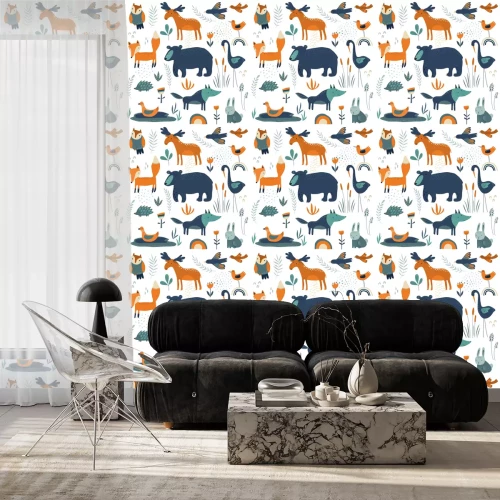 Behang Vossen beren eenden en vogels tussen het groen