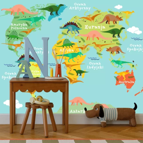 Sticker Gesigneerde wereldkaart met afbeeldingen van dinosaurussen