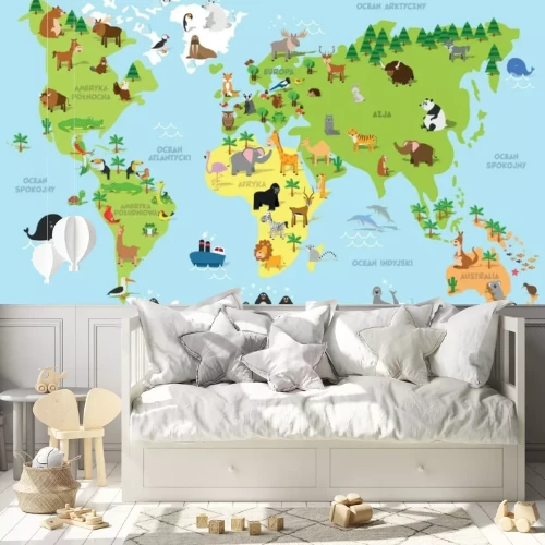 Fotobehang Kaart met continenten en dieren