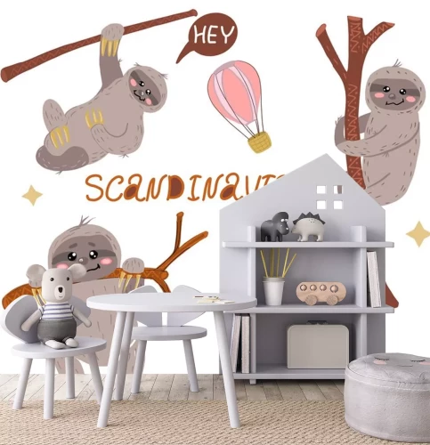 Sticker sloth drawn in scandinavian style. Vector. Crawling on the tree.