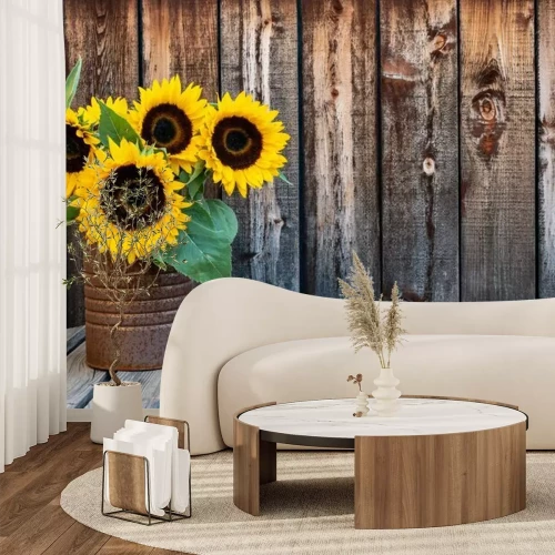 Fotobehang Zonnebloemen op een houten achtergrond