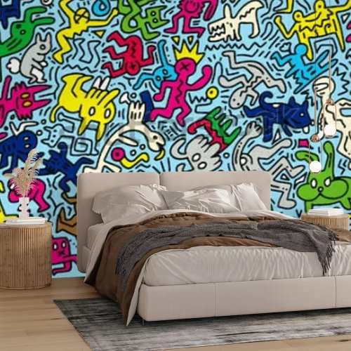 Fotobehang Kleurrijke karakters en dieren in doodle-stijl