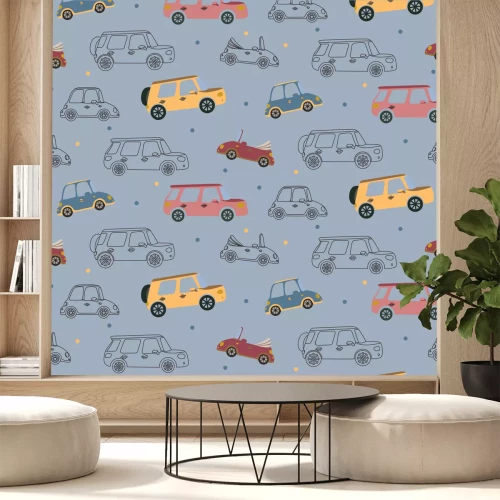 Sticker Naadloos vectorpatroon met gekleurde stuk speelgoed auto's