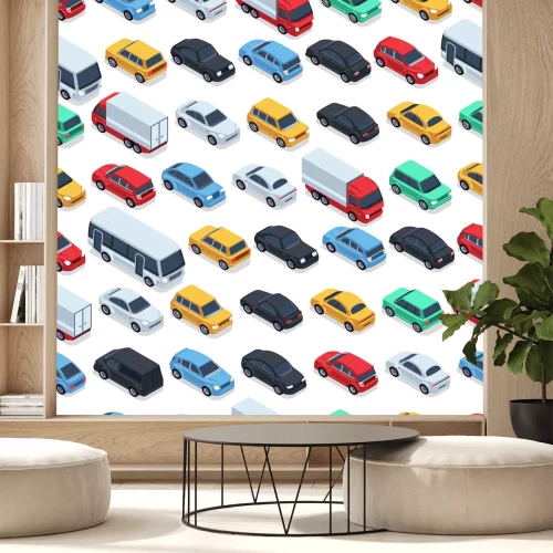 Sticker Stedelijke auto's naadloze textuur. Vector achtergrond Isometrische auto's. Naadloze de kleurenillustratie van de patroonkleur