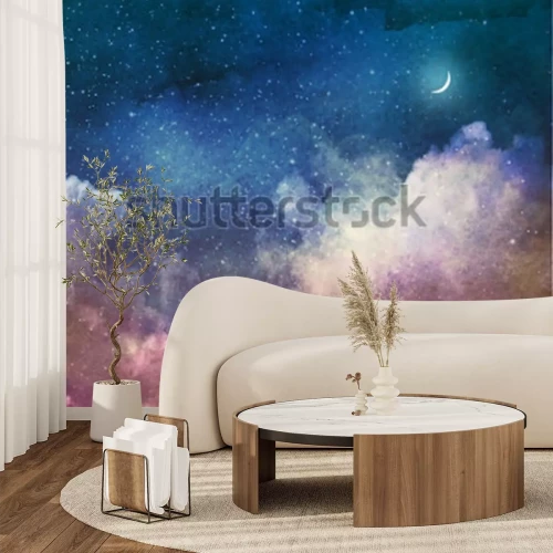 Fotobehang Roze wolken en de maan aan de hemel