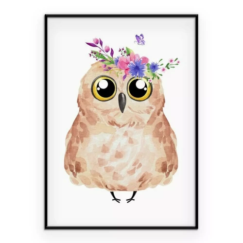 Poster Een schilderij van een uil met een krans op zijn kop.