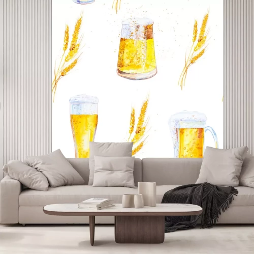 Sticker Set of mugs filled with beer with foam and ears of wheat with crumbs. Watercolor illustration isolated on white background.Seamless pattern